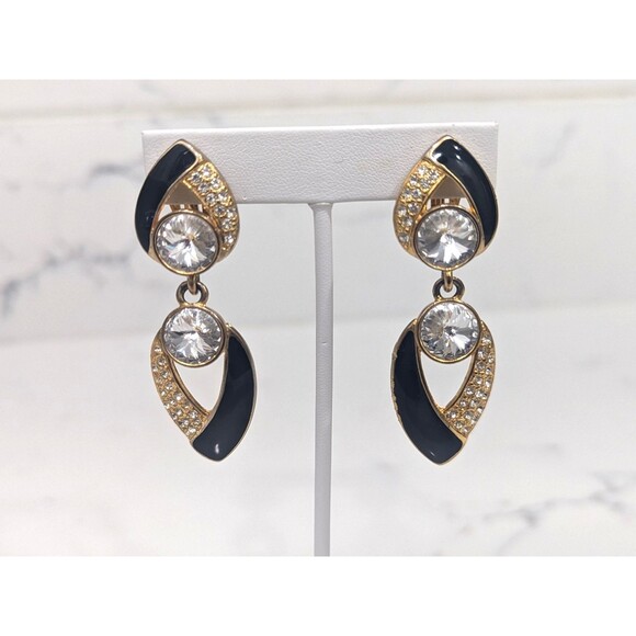 Vintage Bijoux Designs Earrings Clip On Black Enamel Rhinestone Dangle 80s 90s - Picture 4 of 11